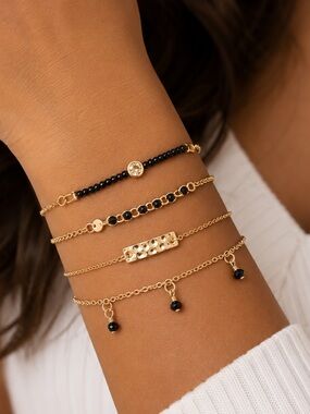 NEW - Arm Candy 4PC Gold & Black Bead Stackable Layering Danity Trendy Bracelets